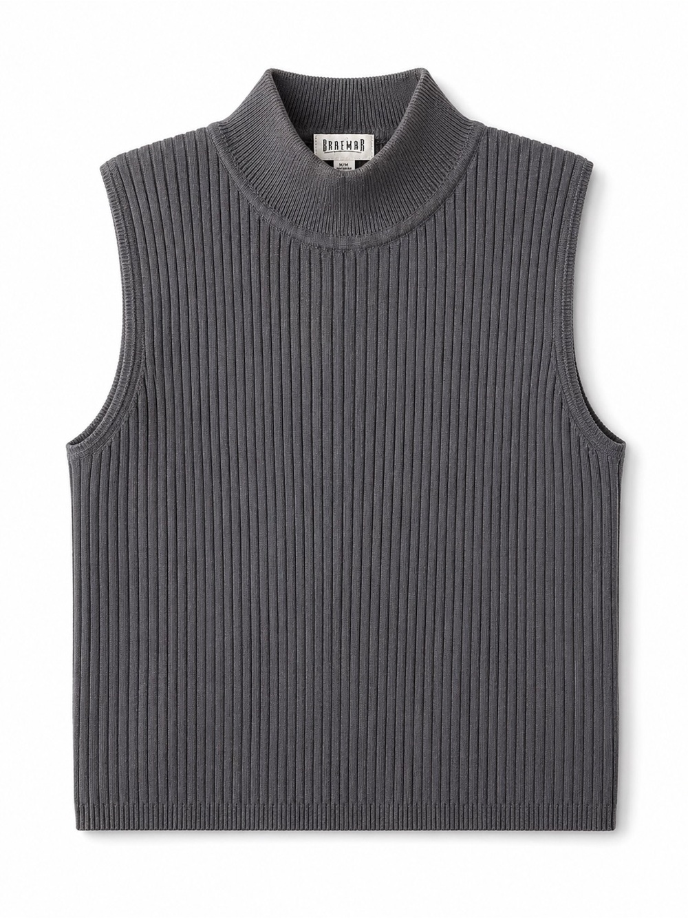 Braemar Ribbed Sleeveless Turtleneck Knit Vest | Grey Mock Neck Top